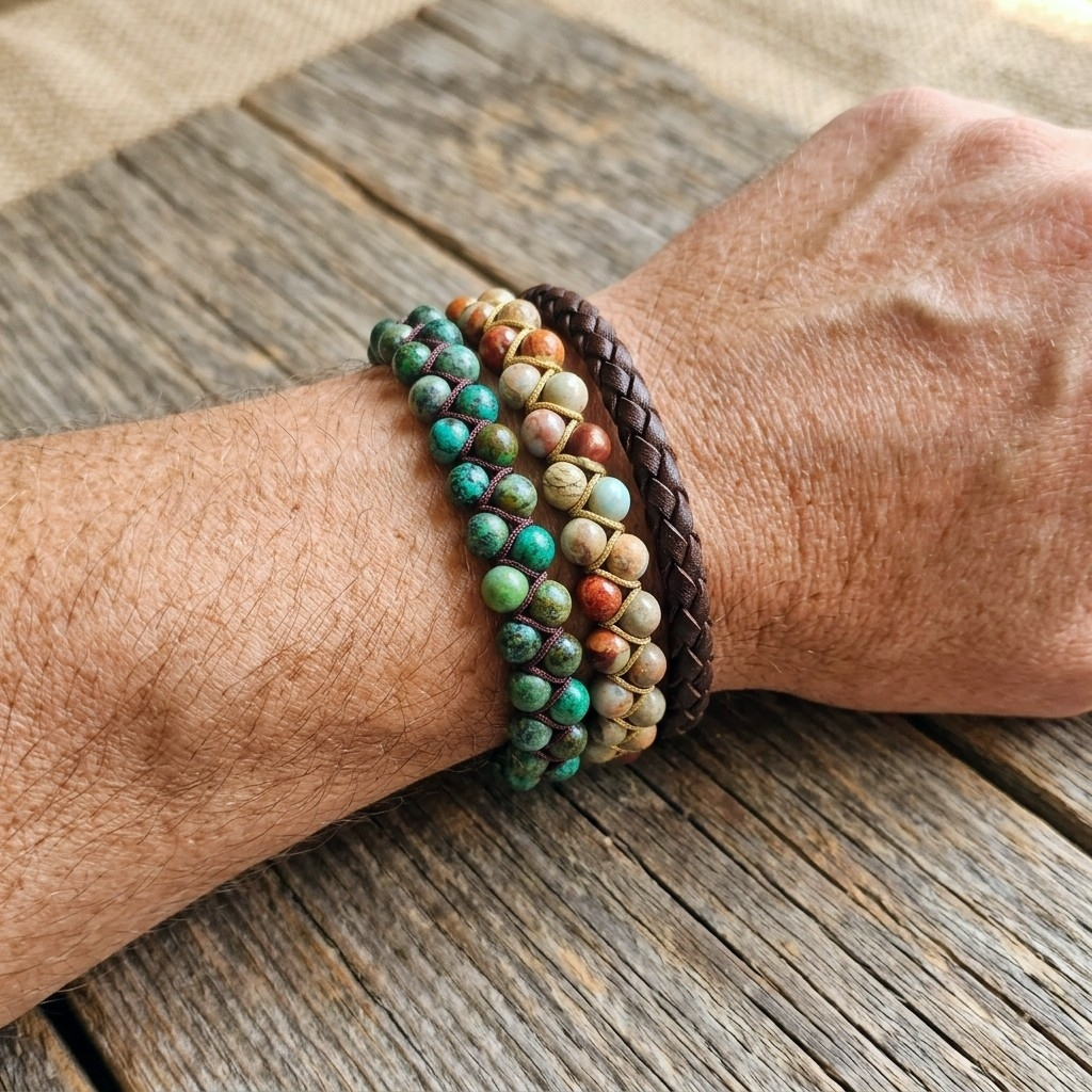 A man's wrist wearing stacked bracelets including turquoise and jasper beads along with a leather braided bracelet.
