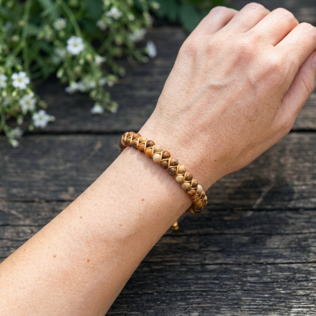 A woman's hand wearing a braided jasper bracelet on a wooden surface with flowers in the background