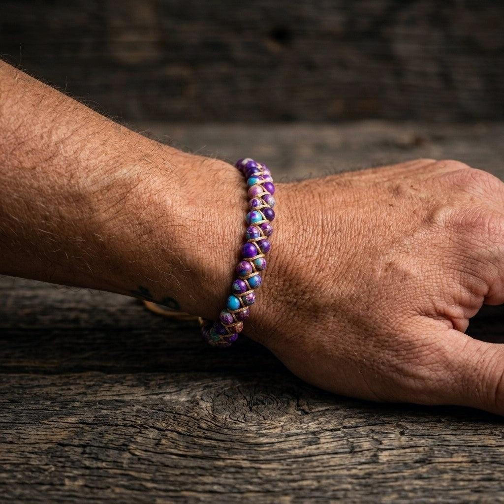 A man's arm wearing a galaxy sea sediment jasper bead bracelet against a wood background. The colorful purple and blue gemstone beads are woven into a double row with an adjustable drawstring clasp.