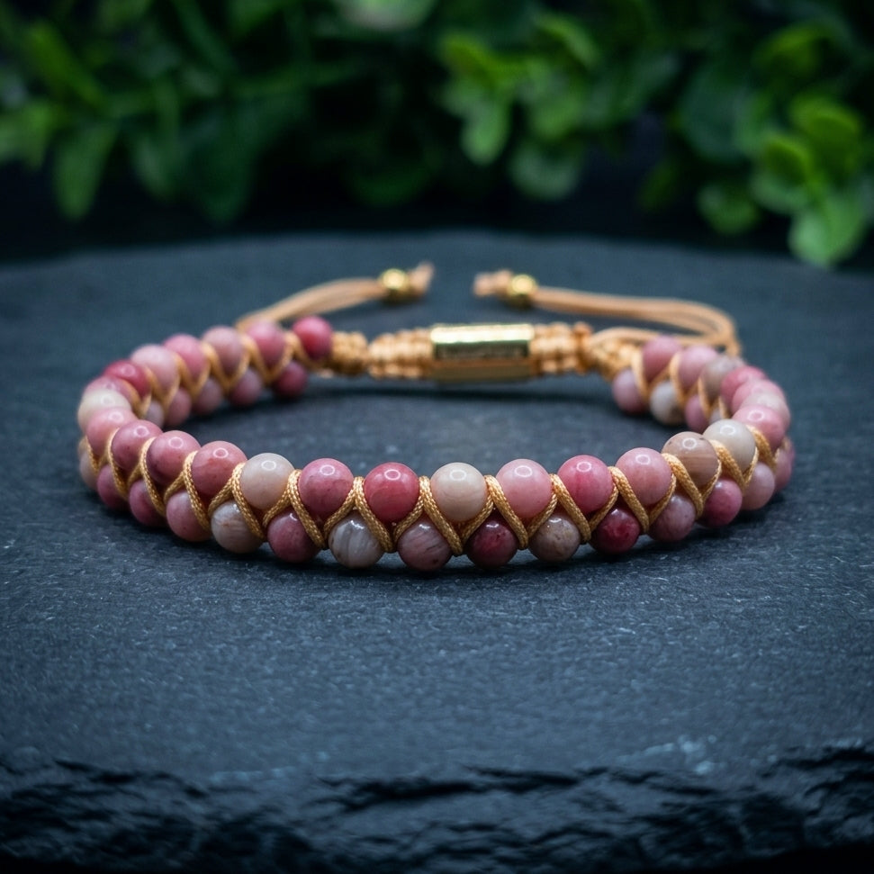 Pink Rhodonite beaded gemstone bracelet woven with gold accents on a dark stone surface