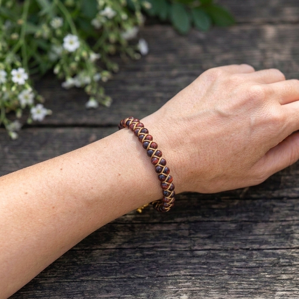 A woman's hand wearing a braided red tigers eye bracelet on a wooden surface with flowers in the background