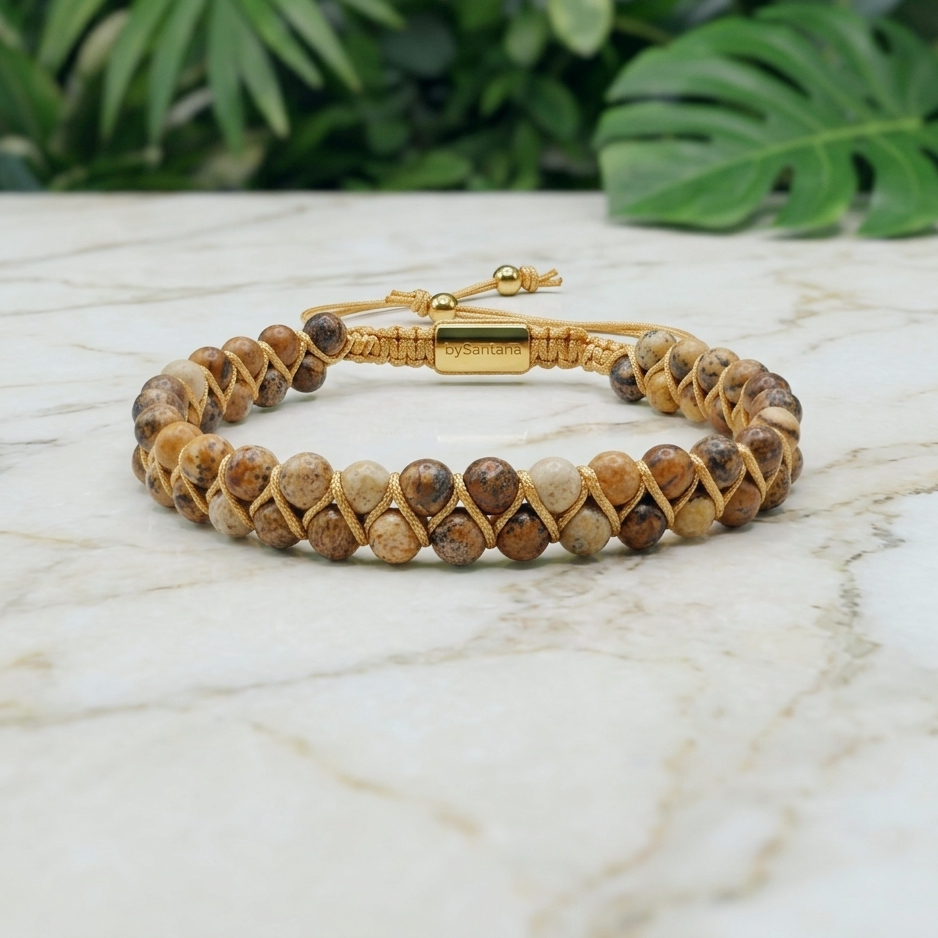 Beaded picture jasper gemstone bracelet with braided design on a marble surface with green leaves 