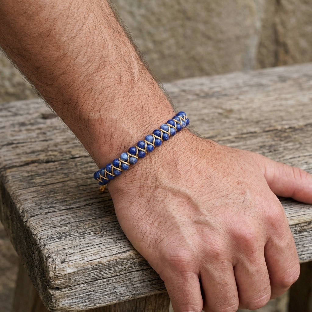 A man's hand wearing a blue sodalite beaded bracelet on a wooden surface with a stone wall background