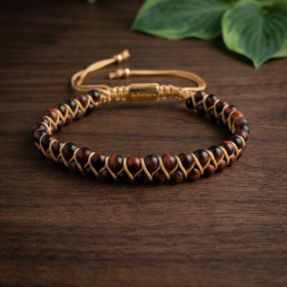 Bracelet with red tiger's eye gemstone beads and gold braided cord on a wood surface with green leaves in the background