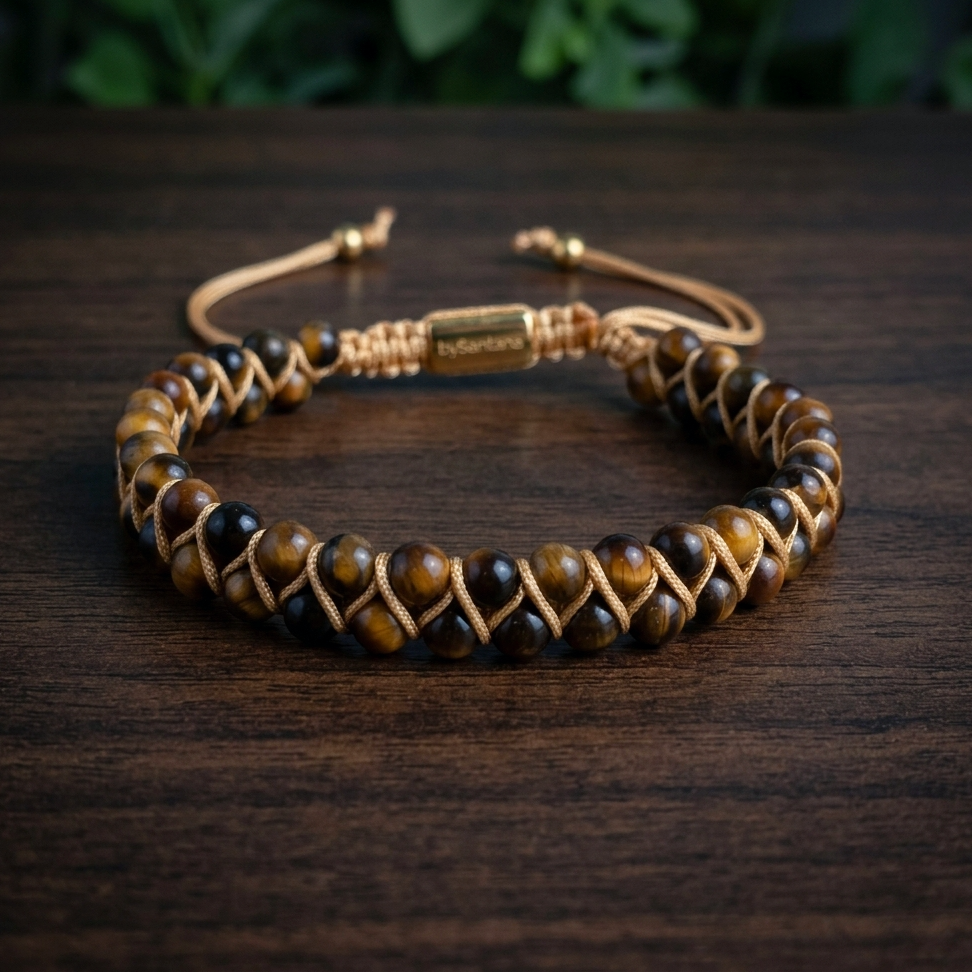 Golden Tiger's Eye beaded gemstone bracelet with gold accents on a wood surface with green leaves in the background