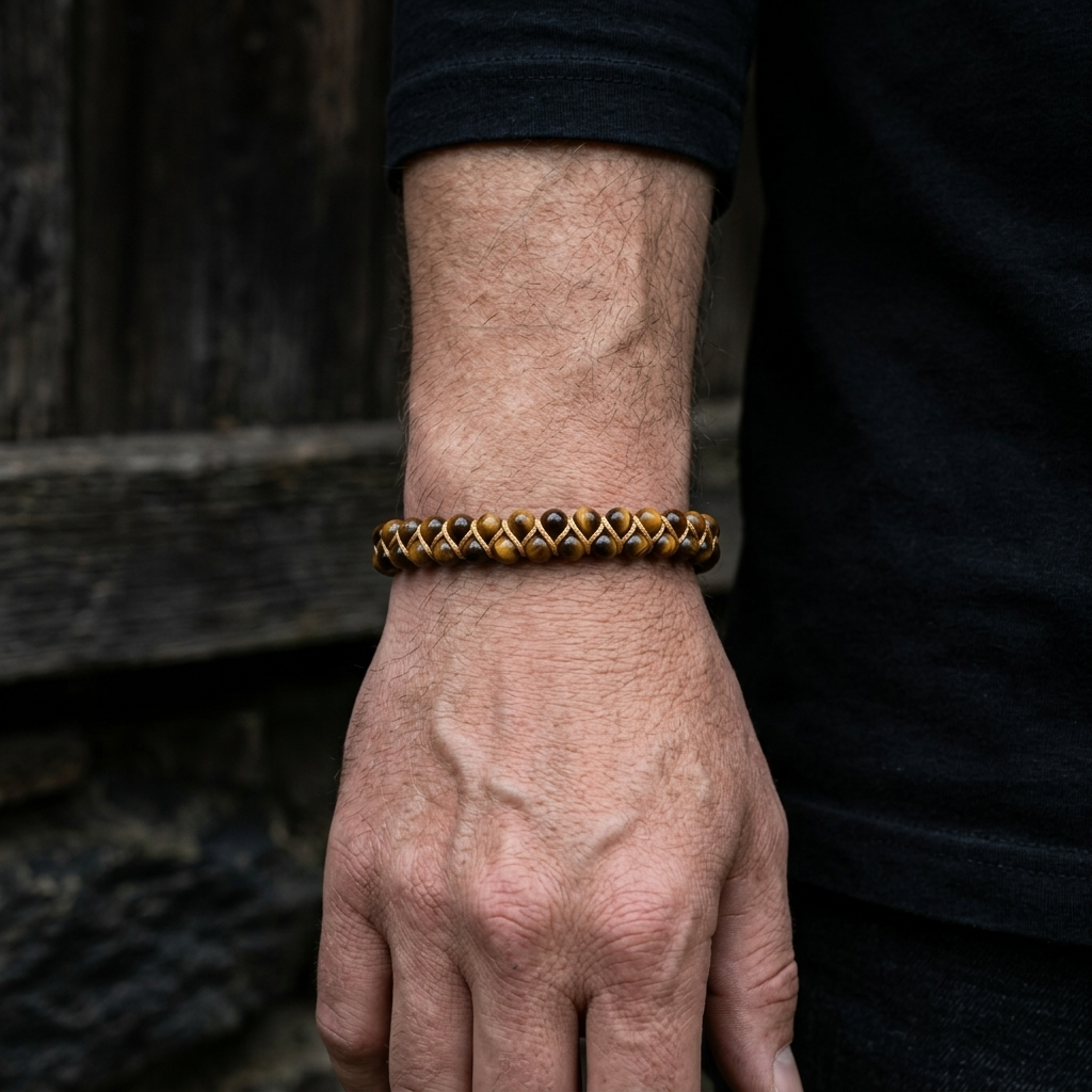 A man's hand wearing a gold tigers eye bracelet against a dark background