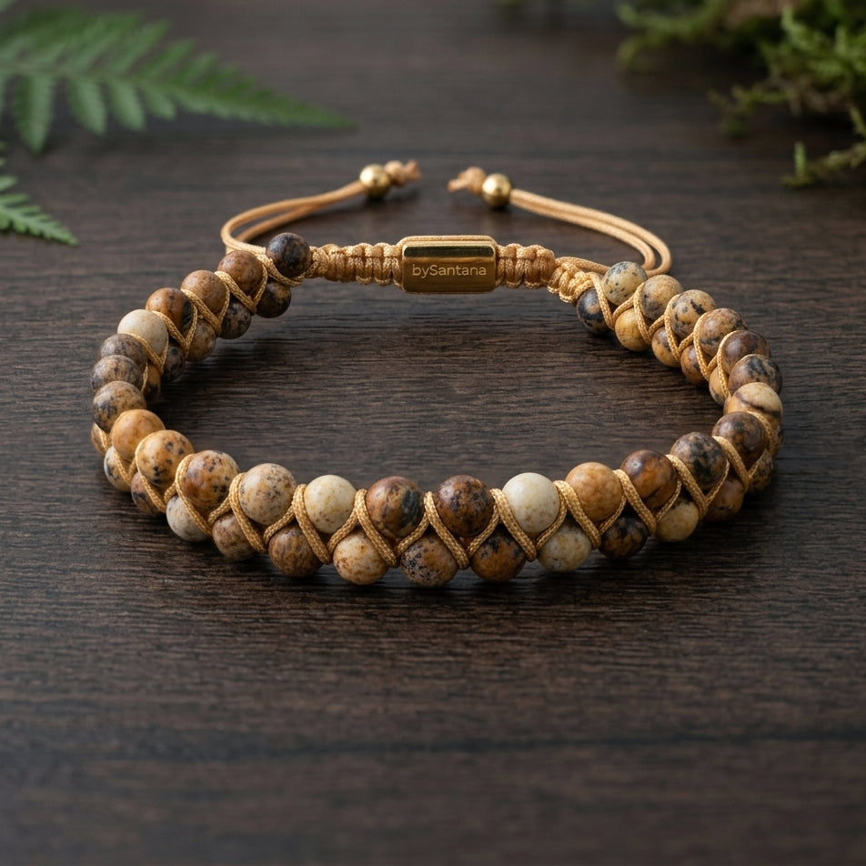 Beaded picture jasper gemstone bracelet with braided design on a wood surface with green leaves 