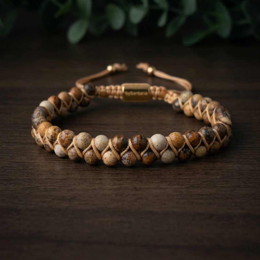Beaded picture jasper gemstone bracelet with braided design on a wooden surface