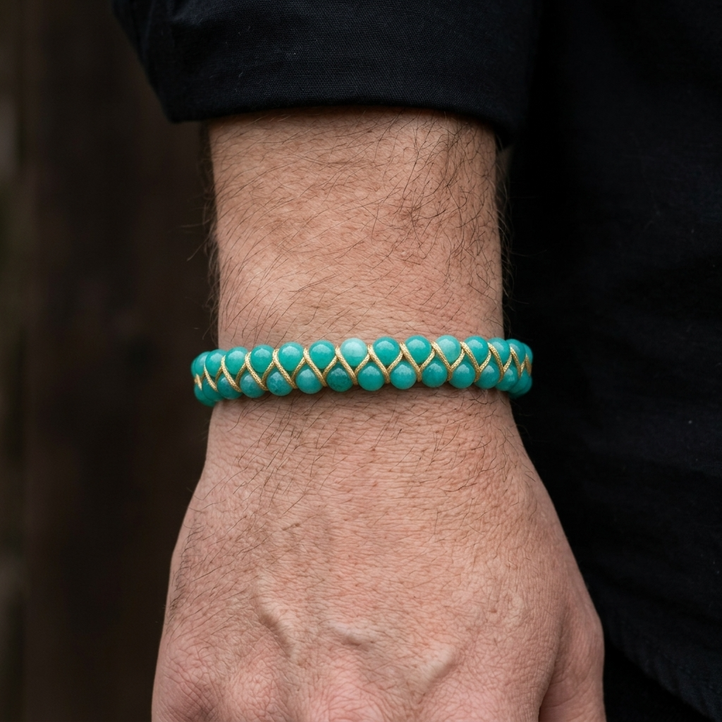 Turquoise beaded bracelet on a man's wrist with a blurred background