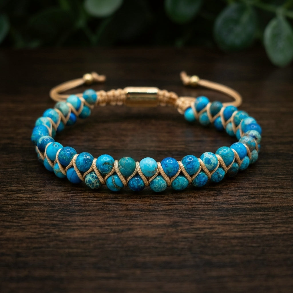 Blue sea sediment jasper beaded gemstone bracelet with gold accents on a wooden surface