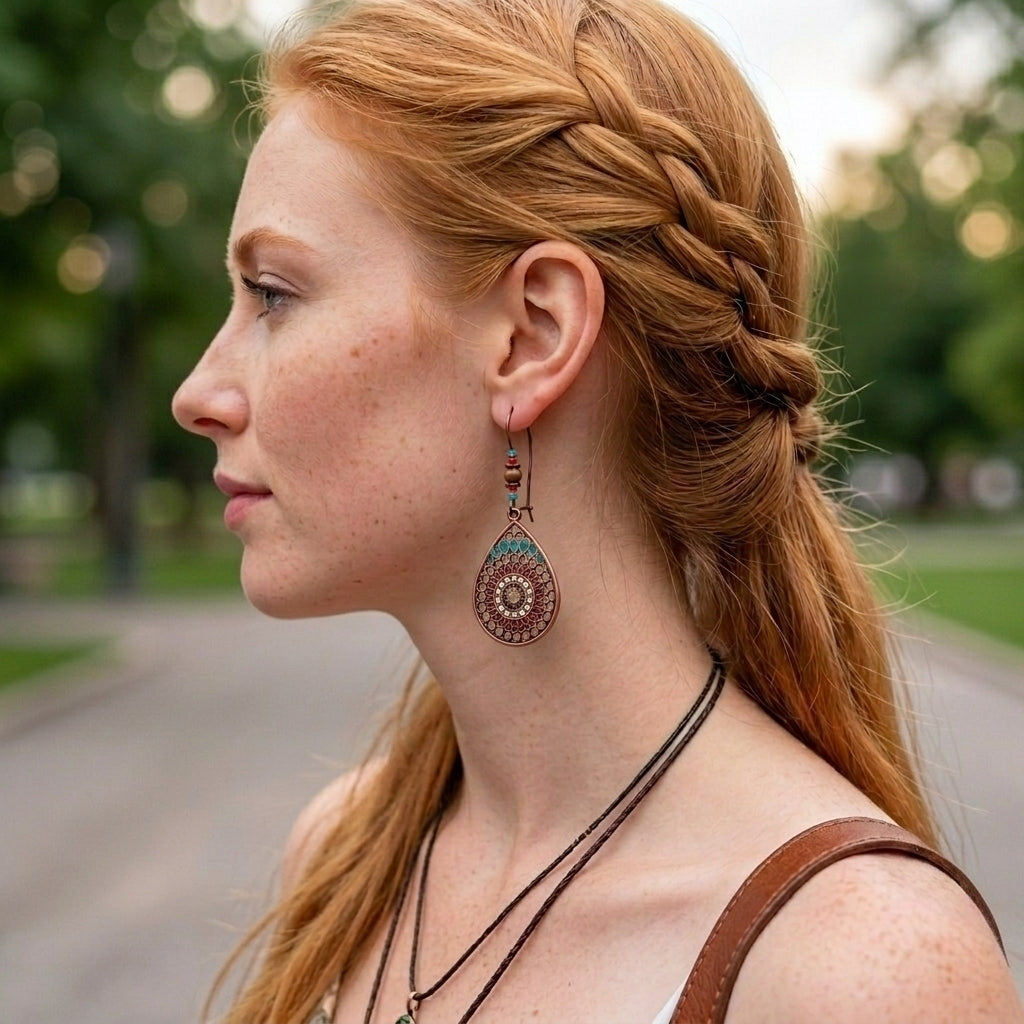 A close-up side profile of a woman with red hair wearing a long, ornate teardrop earring with a circular mandala-like pattern in bronze, turquoise, and white.