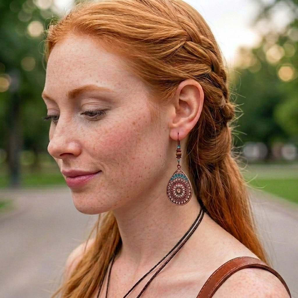 A close-up side profile of a woman with red hair wearing a detailed, circular dangling earring with concentric mandala-like patterns in brown, gold, and teal.