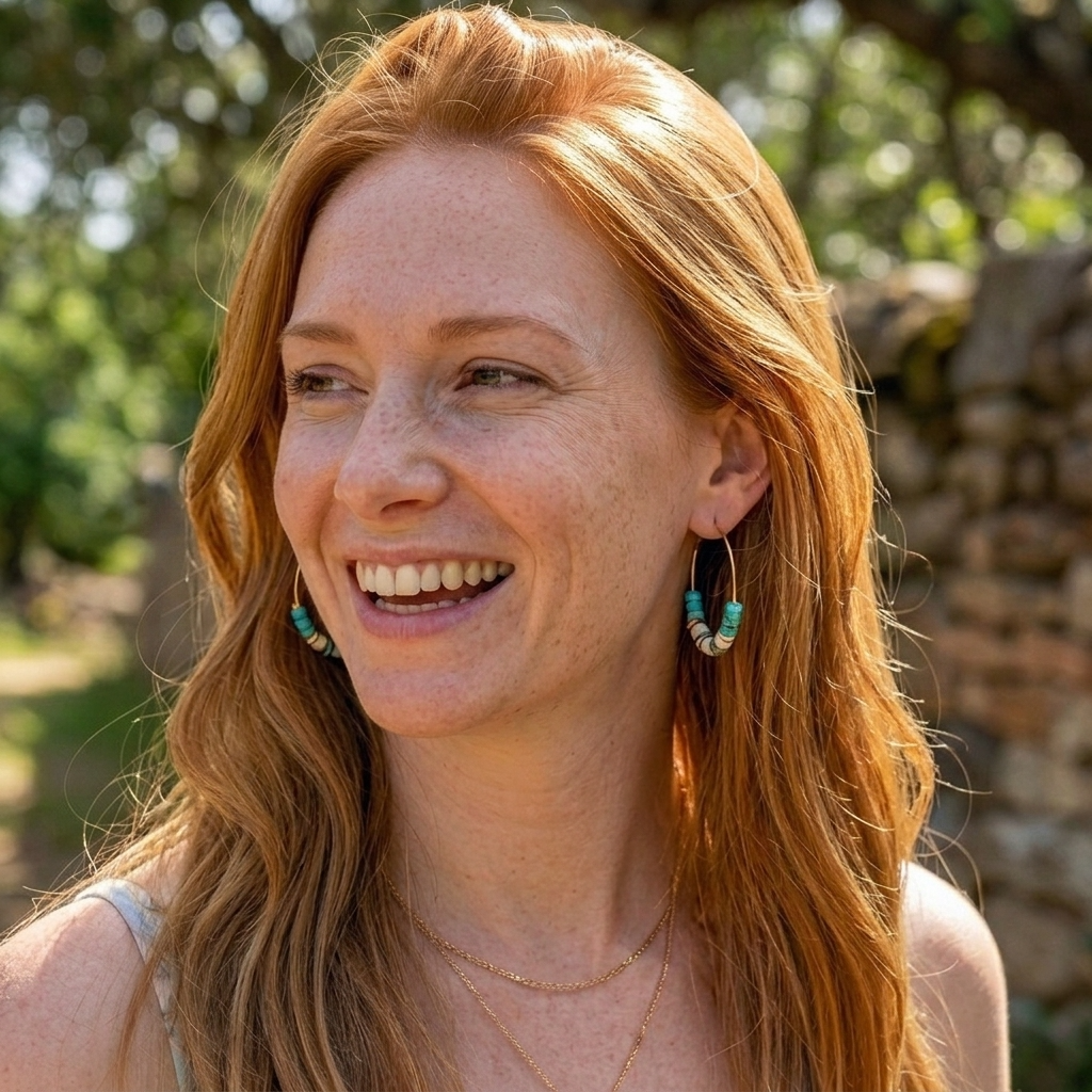 A smiling woman with long red hair wearing turquoise and gold hoop earrings, photographed outdoors with a blurred natural background.