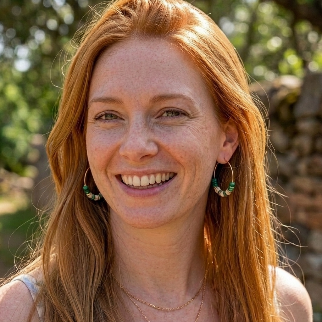 A smiling woman with long red hair wearing green and white beaded hoop earrings, photographed outdoors with a blurred natural background.