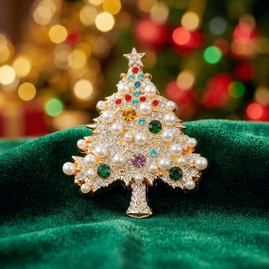 A gold Christmas tree-shaped brooch embellished with white faux pearls and colorful rhinestones, resting on a dark green velvet surface with a blurred festive background.