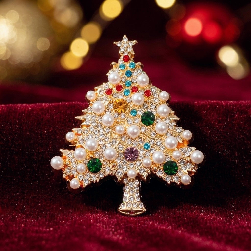A sparkly gold Christmas tree-shaped brooch embellished with white faux pearls and colorful rhinestones, resting on a deep red velvet surface with festive blurred lights in the background.