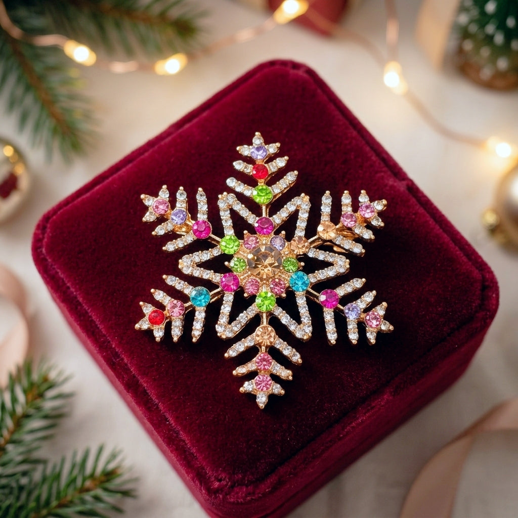 A gold snowflake brooch decorated with pink, green, and blue rhinestones, displayed on a dark red velvet jewelry box with a blurred festive background.