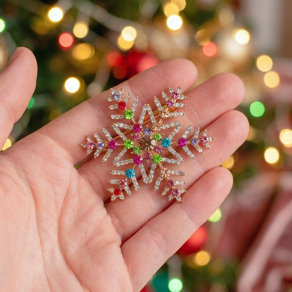 A hand holding a gold snowflake-shaped Christmas ornament decorated with colorful rhinestones and small star accents, with a blurred Christmas tree in the background.