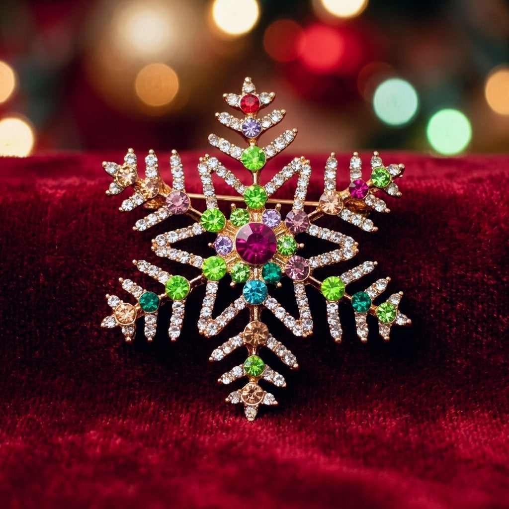 A gold snowflake-shaped metal pin brooch decorated with colorful gemstones, including a prominent pink center stone and green, blue, and purple accents, resting on a deep red velvet surface with festive blurred lights in the background.