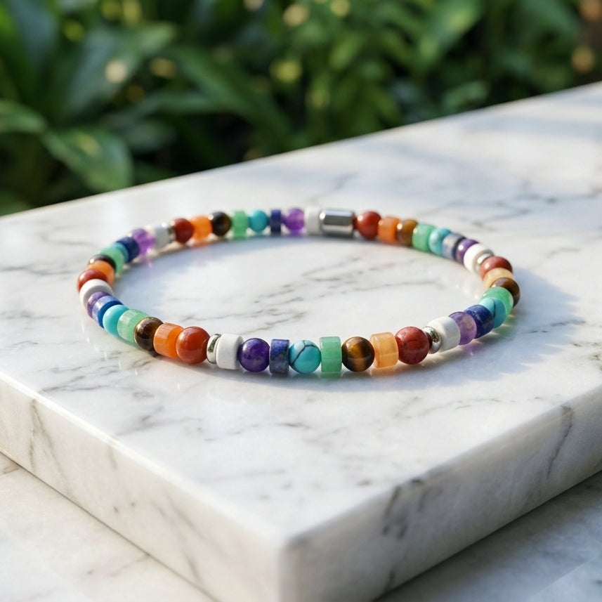 A beaded stretch bracelet with multicolored round and square natural gemstone beads, displayed on a white marble block with a blurred green garden background.
