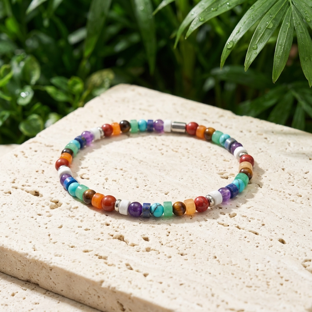 A multicolor beaded bracelet with various gemstone round beads and a silver-toned metal accent, displayed on a light beige stone slab with a blurred green foliage background.