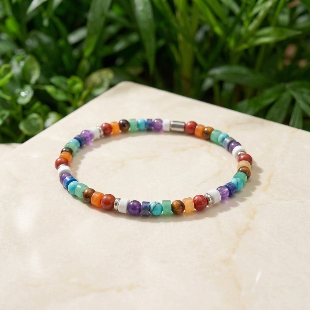A beaded stretch bracelet with multicolor gemstone-like beads in orange, red, purple, blue, green, and white, accented with small silver spacer beads, displayed on a light beige stone surface with green foliage in the background.
