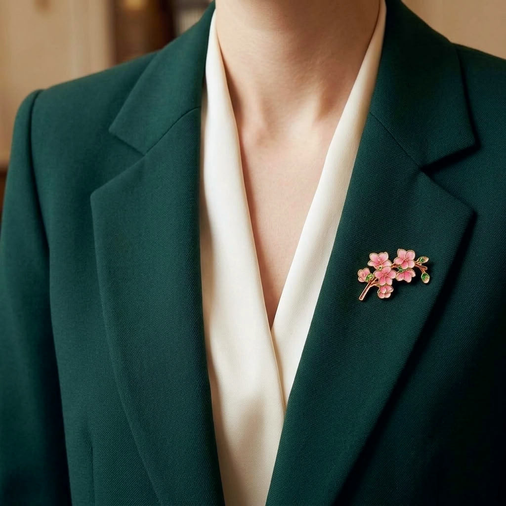 A close-up of a person wearing a dark green blazer over a cream satin V-neck top, featuring a small pink floral cherry blossom brooch pinned to the lapel.