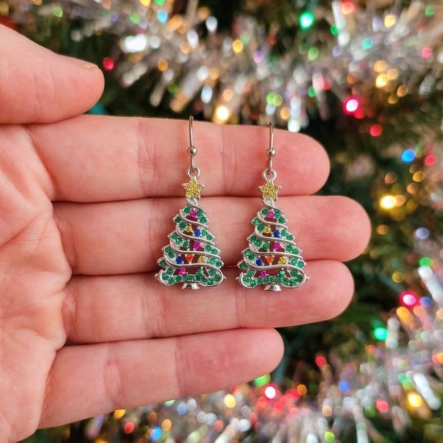 Colourful Christmas Tree Earrings - Festive Crystal Dangle Earrings for Women
