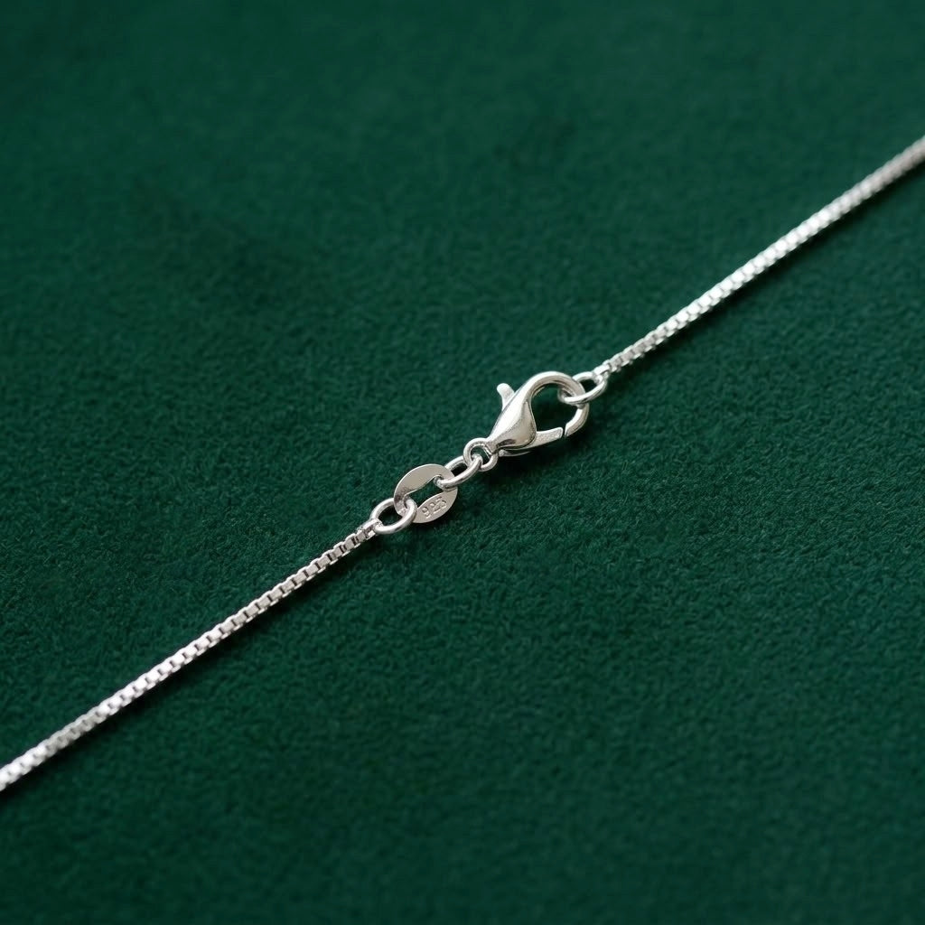 A close-up of a silver box chain necklace with a lobster clasp, laid diagonally on a textured dark green background.