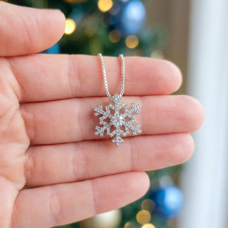 Collar de copo de nieve - Cadena veneciana de plata 925 - Colgante festivo de cristal de invierno para mujer