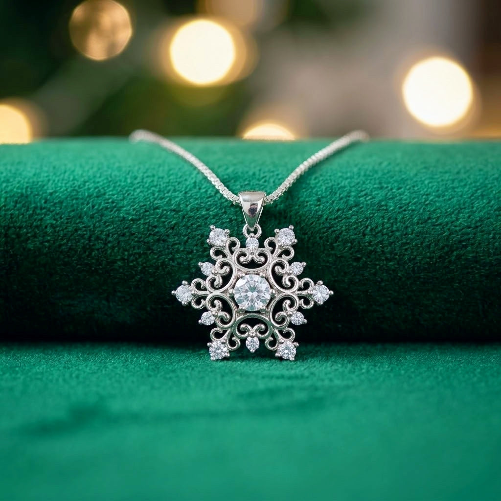 A silver snowflake pendant necklace with clear stones, resting on a green velvet jewelry display against a blurred holiday background with warm bokeh lights.