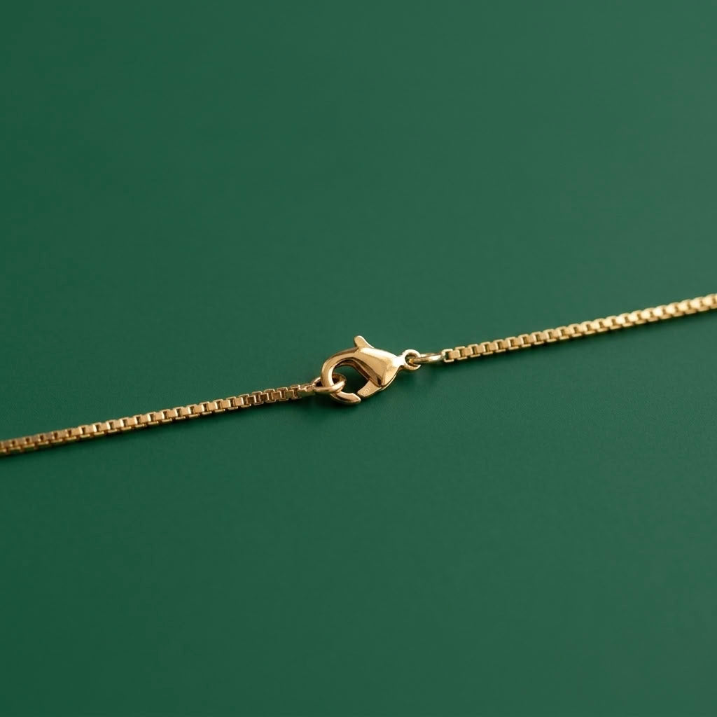 A close-up of a gold box chain necklace with a lobster clasp, laid diagonally on a solid dark green background.