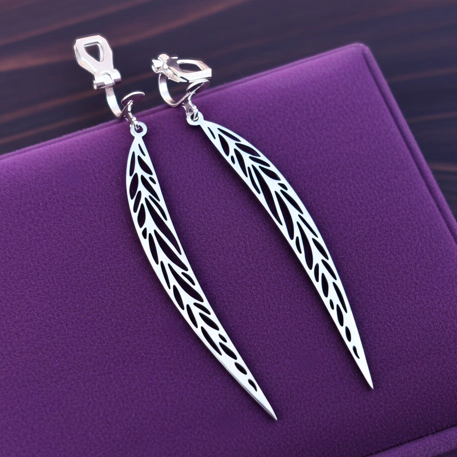 Silver Stainless Steel Leaf Earrings with Clip-ons – Striking Long Boho Nature Bold Dangle Jewelry