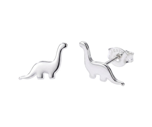 Silver dinosaur-shaped stud earrings on a white background