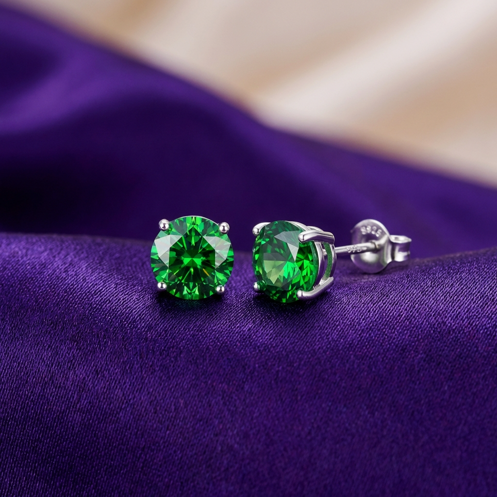 Emerald green stud earrings made from 925 Sterling Silver on a purple background