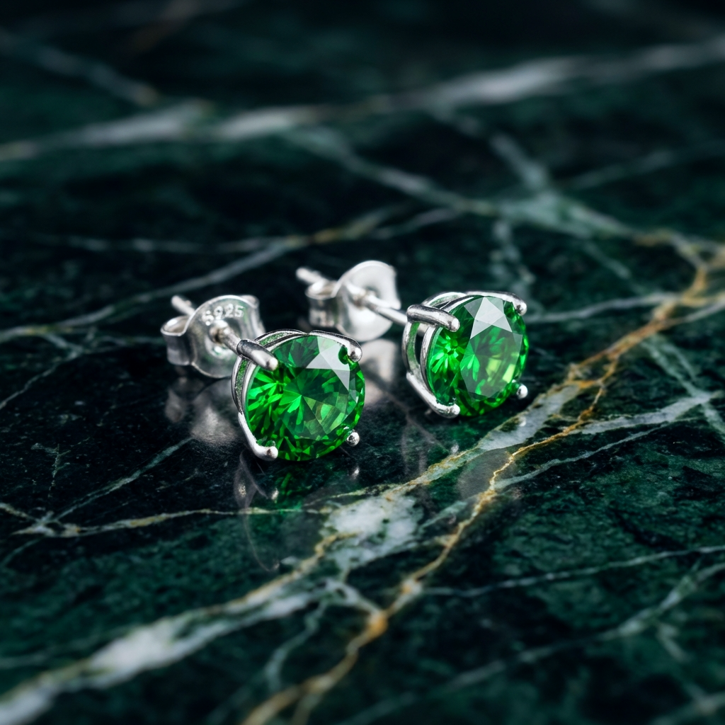 Emerald green stud earrings made from 925 Sterling Silver on a dark background