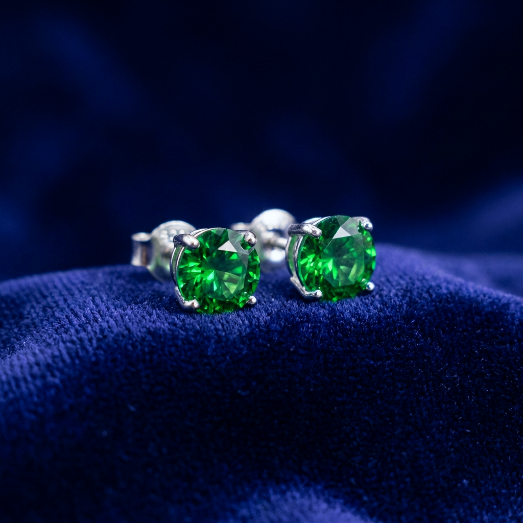 Emerald green stud earrings made from 925 Sterling Silver on a purple background