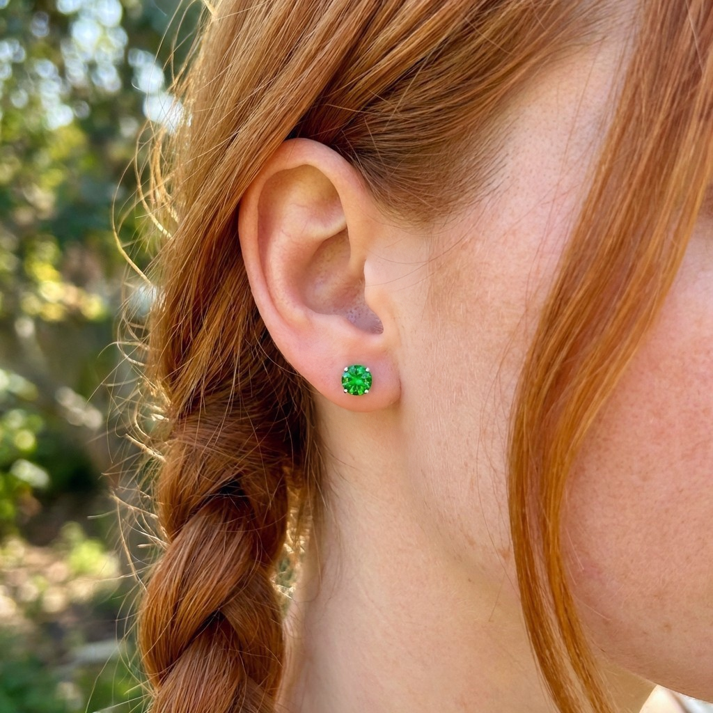 A woman wearing emerald green stud earrings made from 925 Sterling Silver outside in the sun