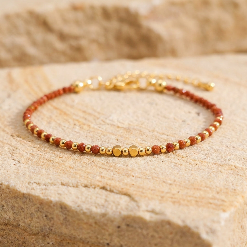 A dainty bead bracelet with sparkly orange gold sandstone gemstone beads on a light stone background