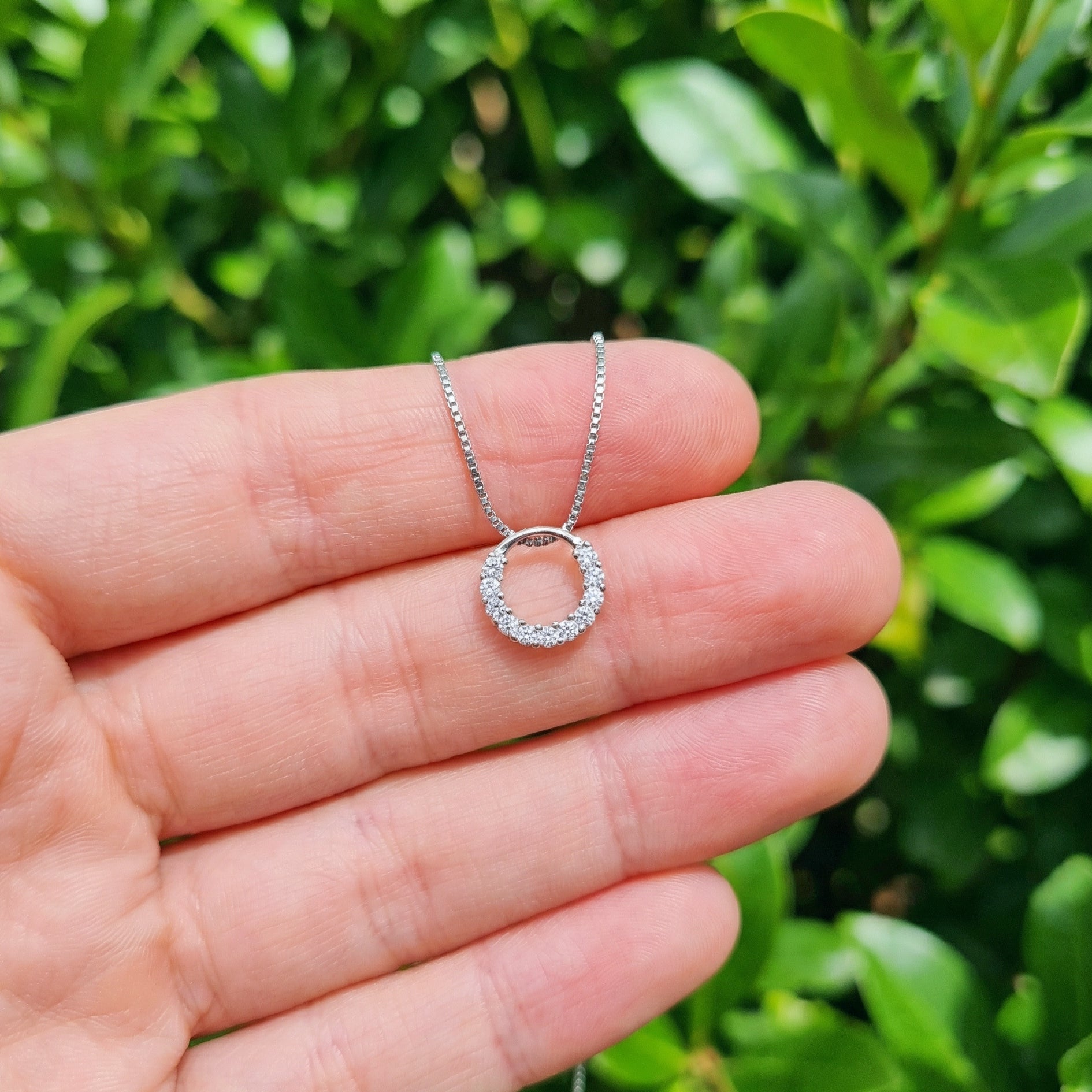 Silver necklace with a circular pendant held in a hand against a green leafy background