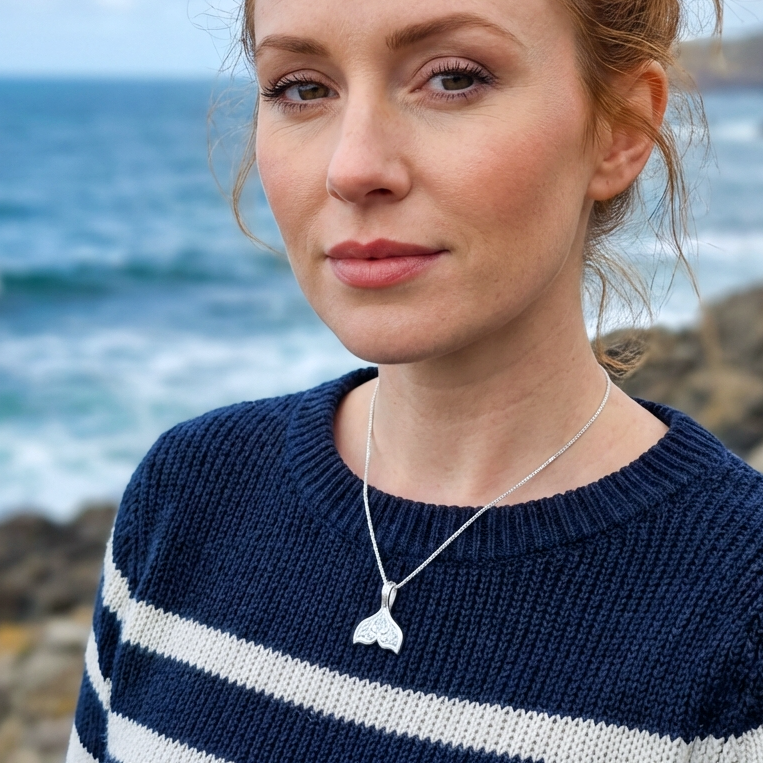 A woman by the sea wearing a silver whale tail necklace on top of a dark blue jumper
