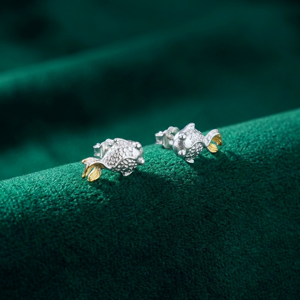 Silver fish stud earrings with gold tails on a green background