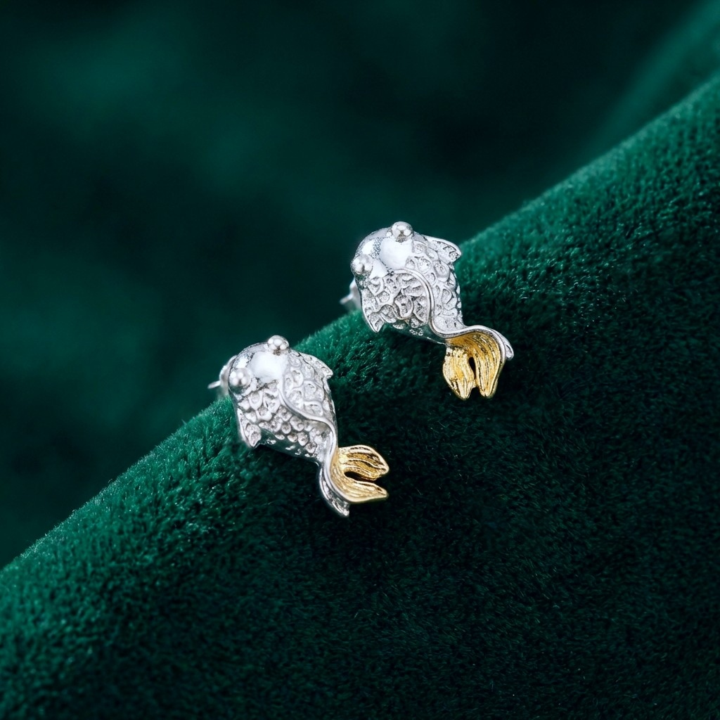 Silver fish stud earrings with gold tails on a green background