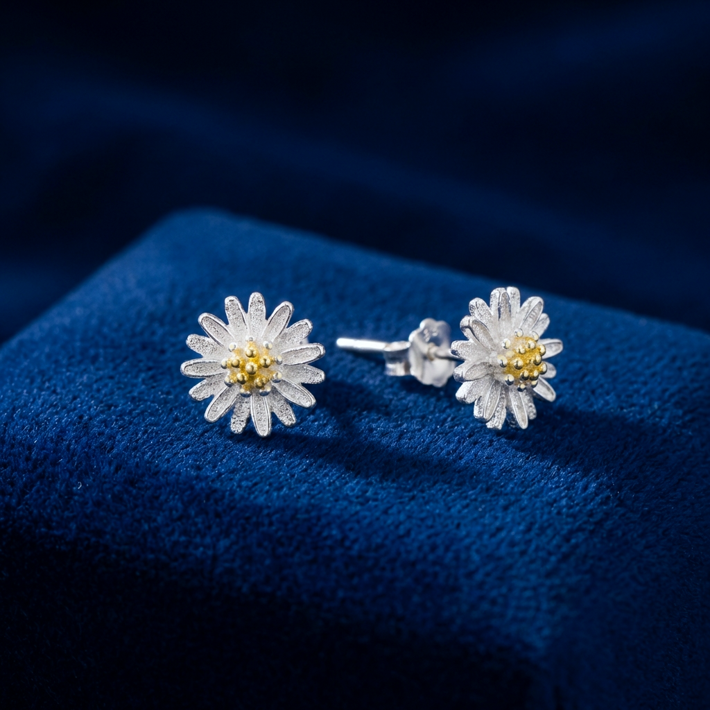 Little daisy silver stud earrings on a blue background