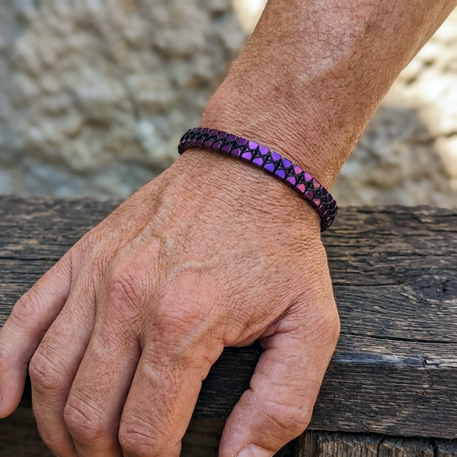 Hand wearing a purple beaded bracelet on a wooden surface with a stone wall background