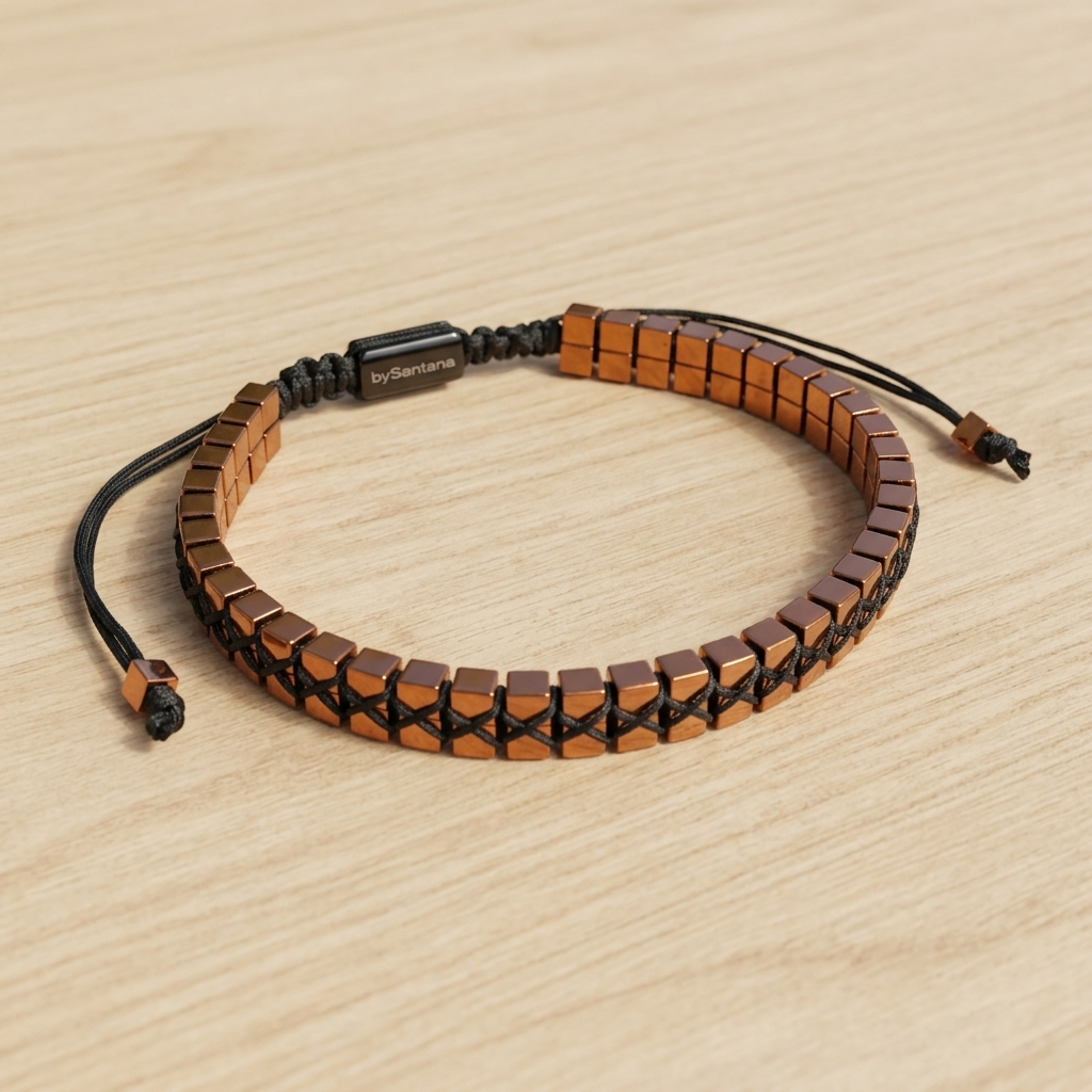 Bracelet with copper Hematite beads on a light wood surface