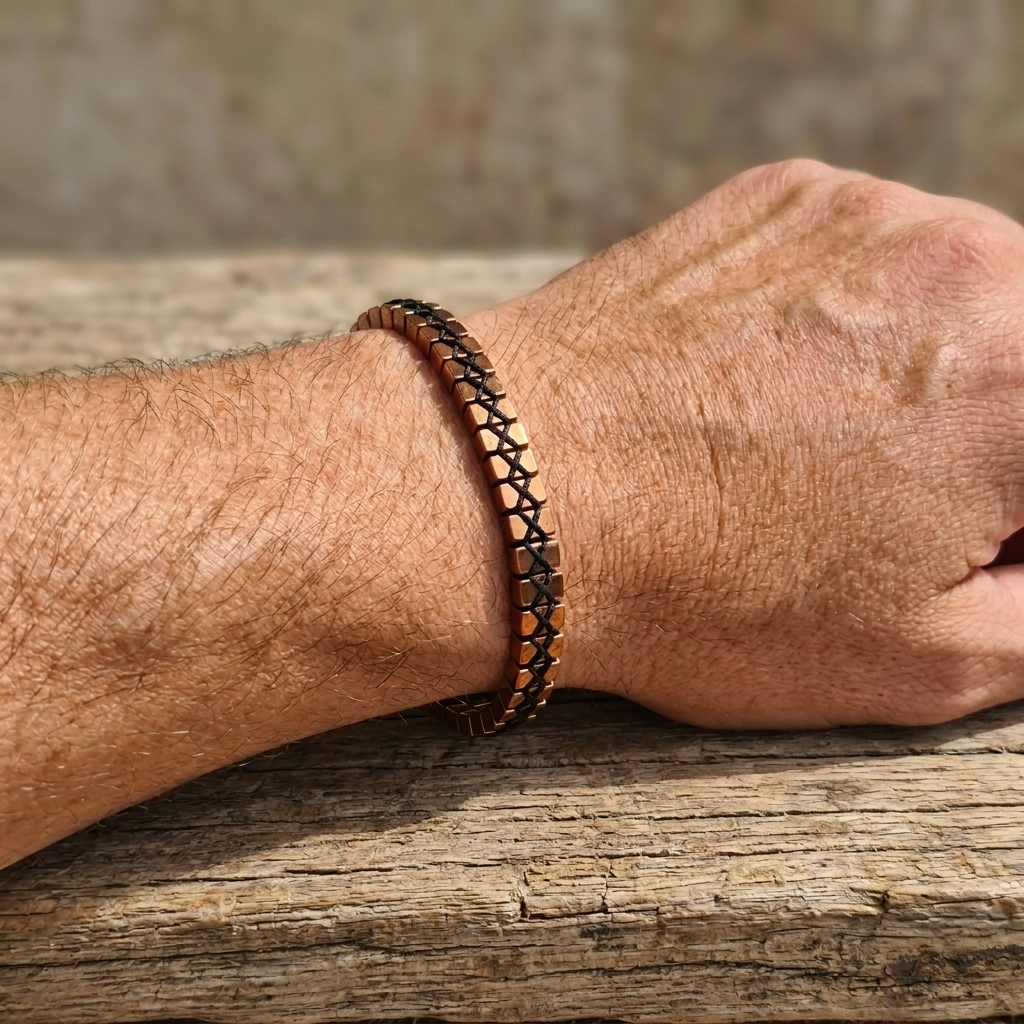 A mans wrist wearing a copper hematite bracelet with cube beads woven together 