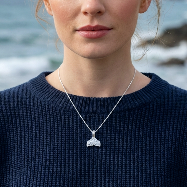 A woman by the sea wearing a silver whale tail necklace on top of a dark blue jumper