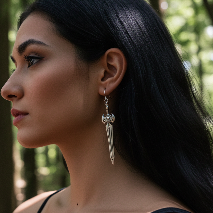 Woman wearing a silver sword earring with a forest background