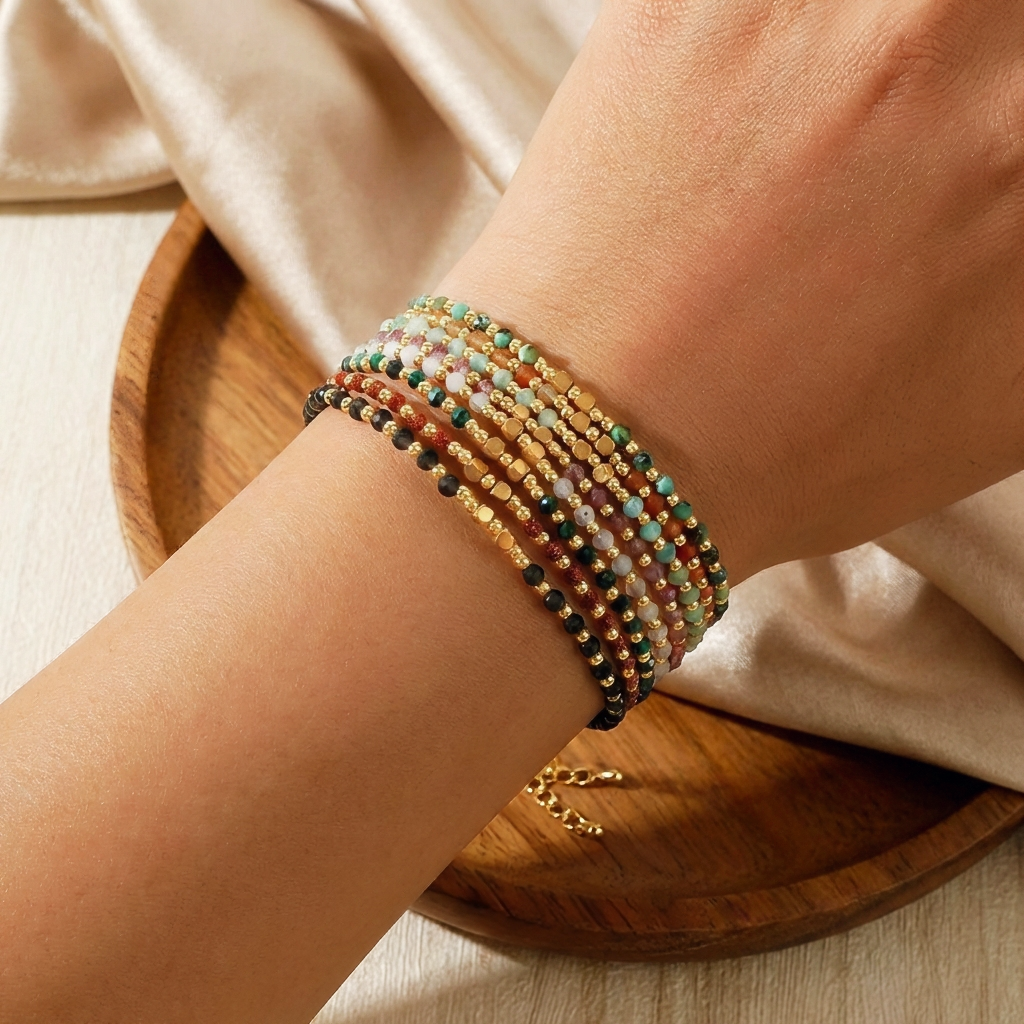 Multicolored beaded bracelet on a wrist with a wooden tray in the background